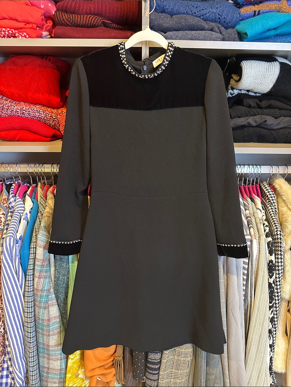 Sandro black velvet embellished stones long sleeve back zipper dress size 6